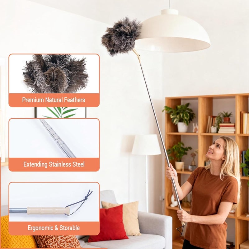 Cede noo Extendable Ostrich Feather Duster, Natural Ostrich Feathers Long Handle Duster for Cleaning, 47” Soft & Fluffy Feather Duster for High Ceilings, Fans, Walls, Furniture, Home Dusting(A11-Ivory) - Image 3
